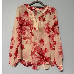 Creative Commune Size Large Red Floral Pintuck V-Neck Blouse 2229